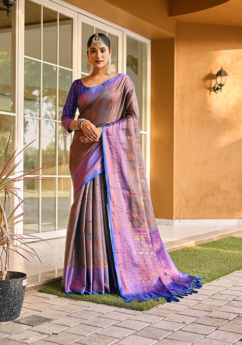 Grey Zari Woven Kanchi Silk Saree Set