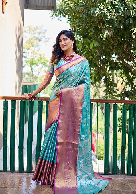 Sea Green Zari Woven Banarasi Handloom Silk Saree Set