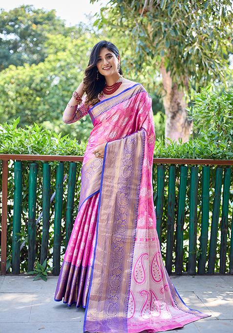 Pink Zari Woven Banarasi Handloom Silk Saree Set