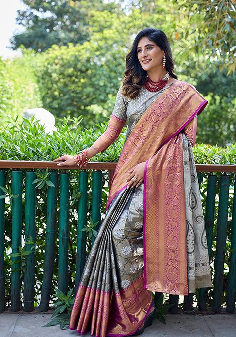 Grey Zari Woven Banarasi Handloom Silk Saree Set