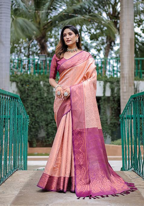 Peach Zari Woven Kanjivaram Silk Saree Set