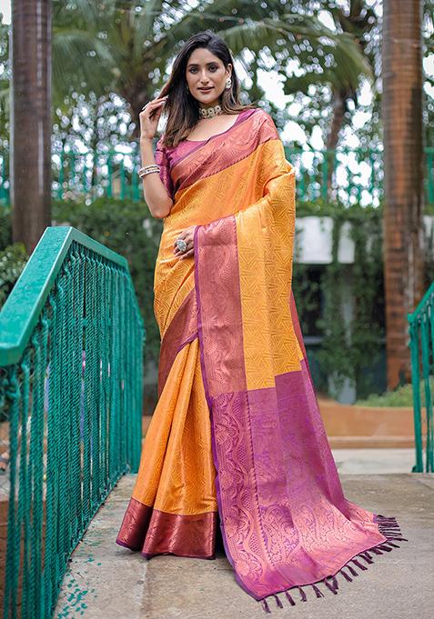 Yellow Zari Woven Kanjivaram Silk Saree Set