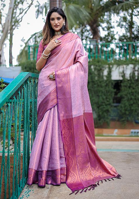 Lavender Zari Woven Kanjivaram Silk Saree Set