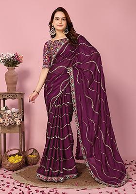 Wine Sequin Thread Embroidered Rangoli Silk Saree Set