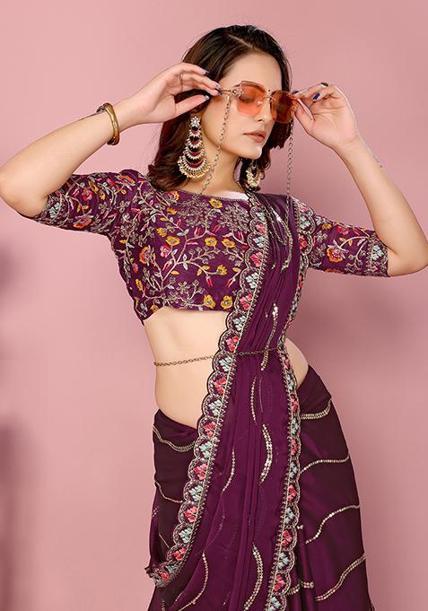 Wine Sequin Thread Embroidered Rangoli Silk Saree Set
