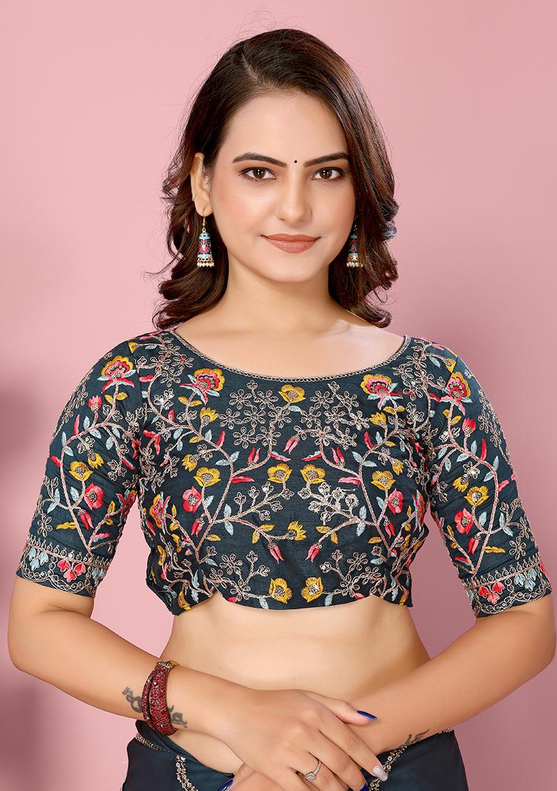 Teal Blue Sequin Thread Embroidered Rangoli Silk Saree Set