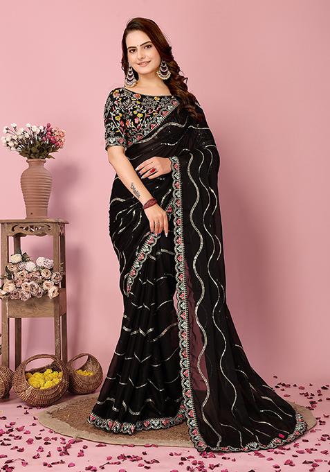 Black Sequin Thread Embroidered Rangoli Silk Saree Set