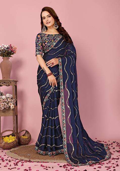 Navy Blue Sequin Thread Embroidered Rangoli Silk Saree Set