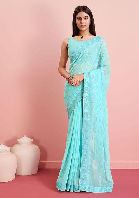 Blue Sequin Embroidered Georgette Saree Set