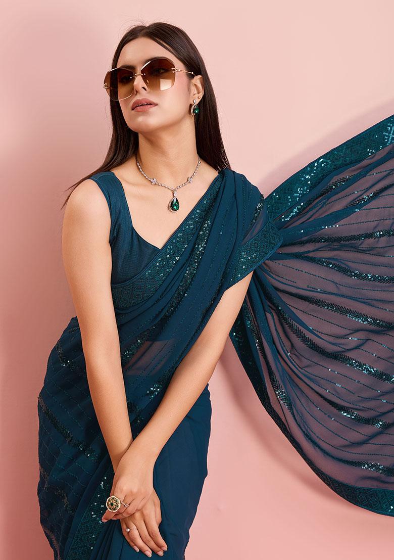Teal Sequin Embroidered Georgette Saree Set