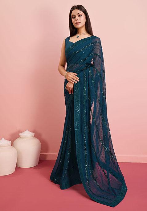Teal Sequin Embroidered Georgette Saree Set