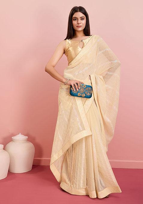 Beige Sequin Embroidered Georgette Saree Set