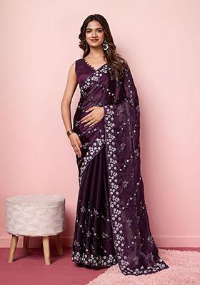 Wine Sequin Embroidered Burberry Silk Saree Set