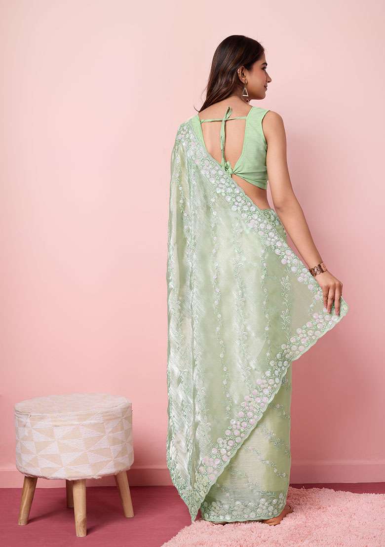 Pista Green Sequin Embroidered Burberry Silk Saree Set - Indya