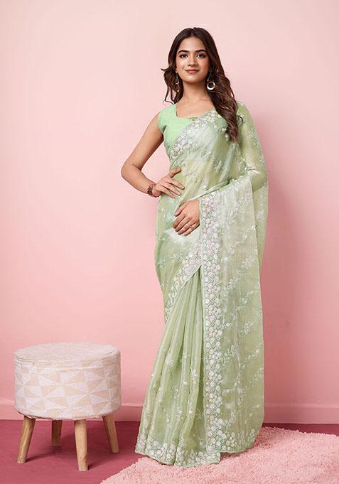 Pista Green Sequin Embroidered Burberry Silk Saree Set