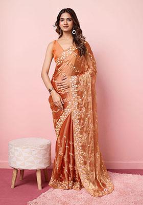 Orange Sequin Embroidered Burberry Silk Saree Set