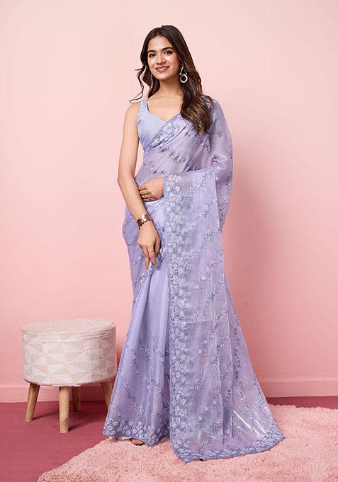 Purple Sequin Embroidered Burberry Silk Saree Set