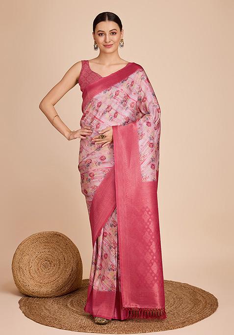 Pink Zari Woven Kanjivaram Silk Saree Set