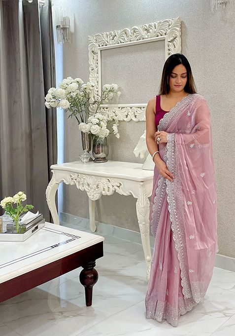 Onion Pink Zari Woven Burberry Silk Saree Set