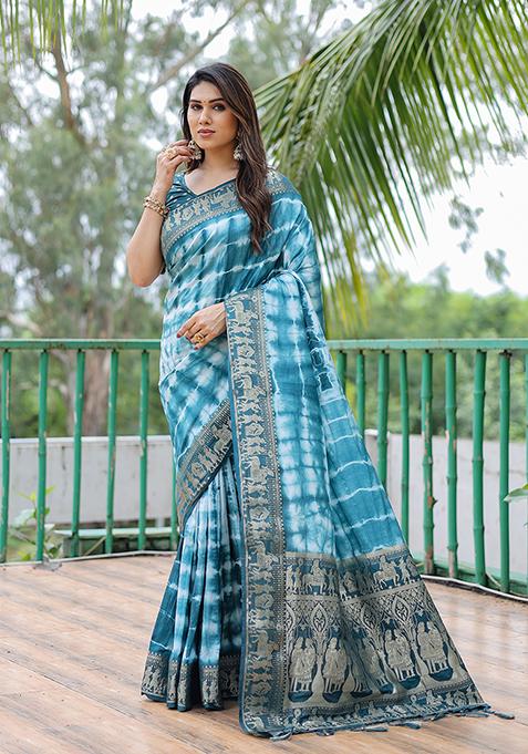 Blue Shibori Print Dola Silk Saree Set