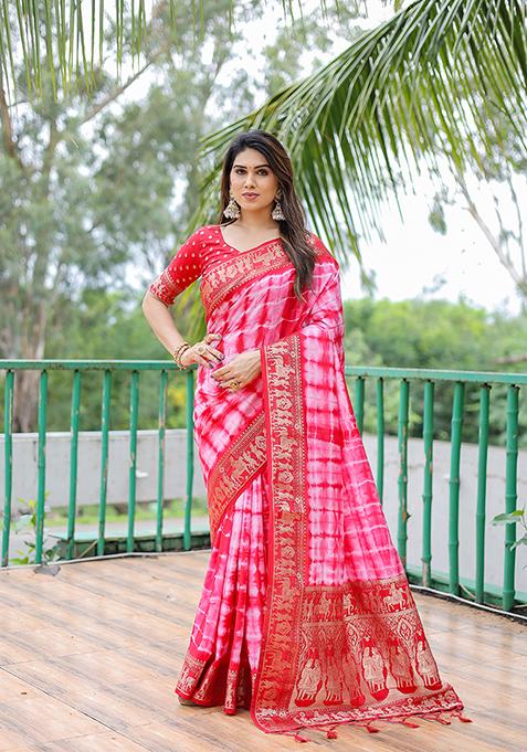 Pink Shibori Print Dola Silk Saree Set