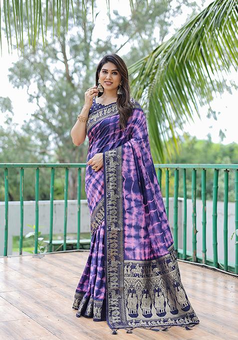 Navy Blue Shibori Print Dola Silk Saree Set