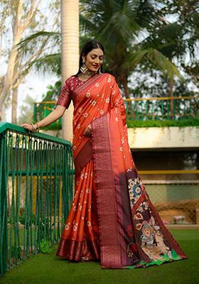 Orange Digital Print Dola Silk Saree Set