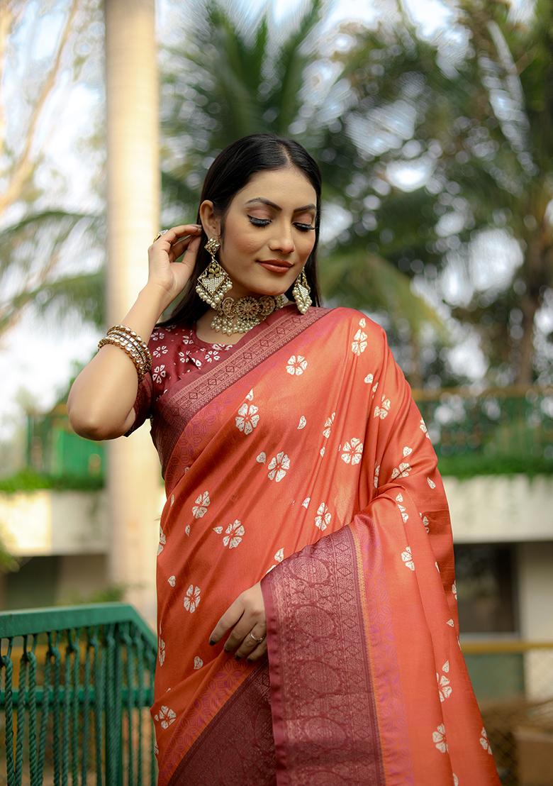 Orange Digital Print Dola Silk Saree Set