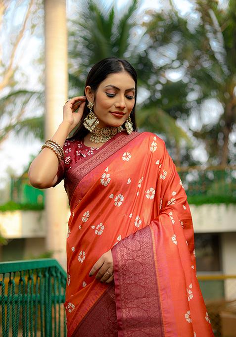 Orange Digital Print Dola Silk Saree Set