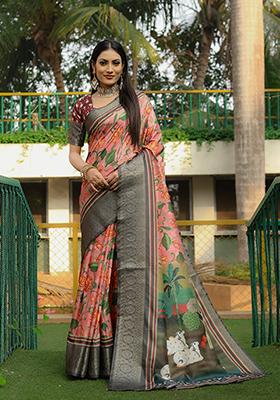 Peach Digital Print Dola Silk Saree Set