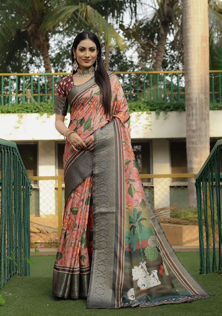 Peach Digital Print Dola Silk Saree Set