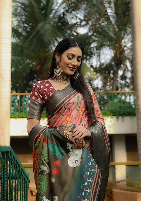 Peach Digital Print Dola Silk Saree Set