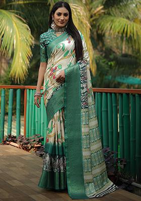 Cream Digital Print Dola Silk Saree Set