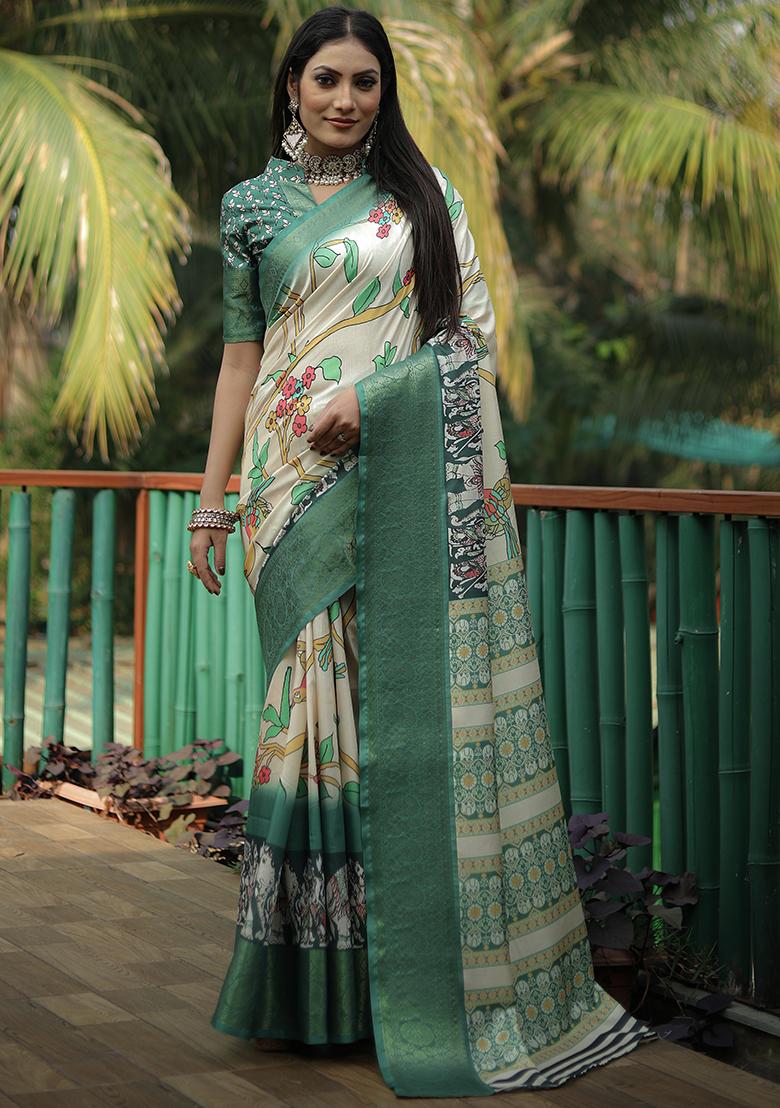 Cream Digital Print Dola Silk Saree Set