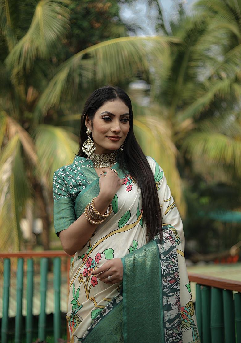 Cream Digital Print Dola Silk Saree Set