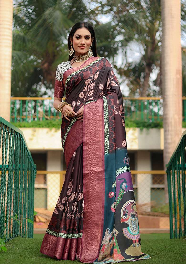 Coffee Brown Digital Print Dola Silk Saree Set - Indya