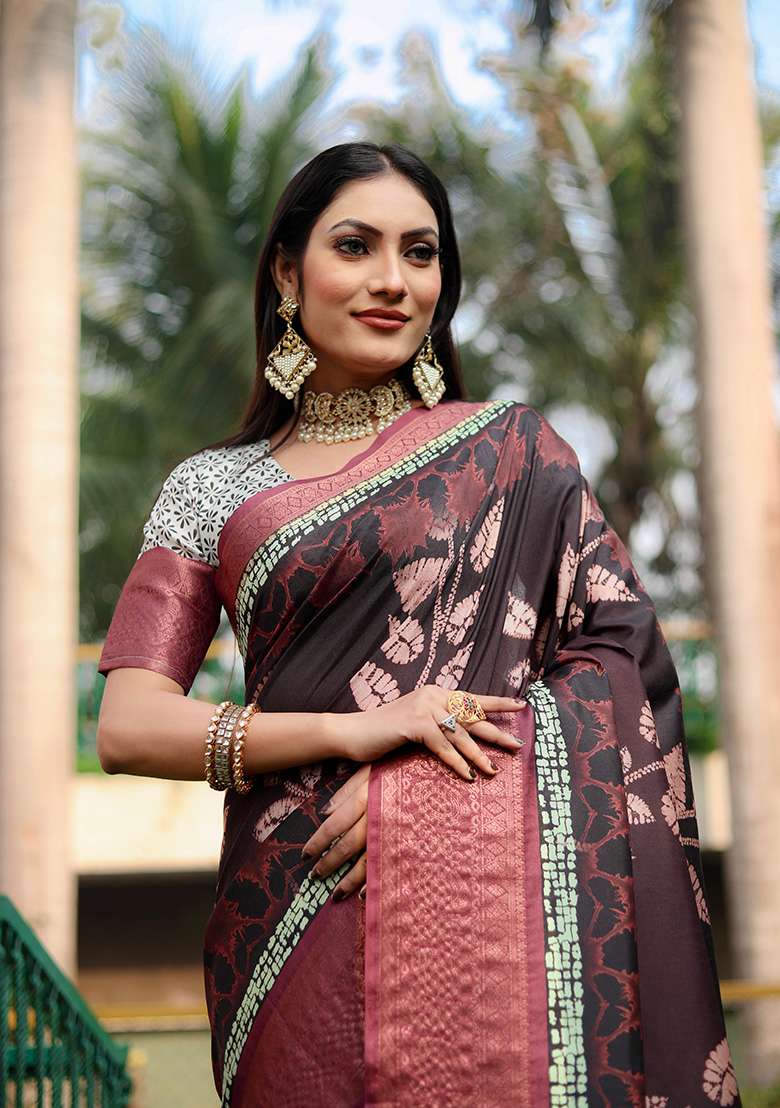 Coffee Brown Digital Print Dola Silk Saree Set - Indya
