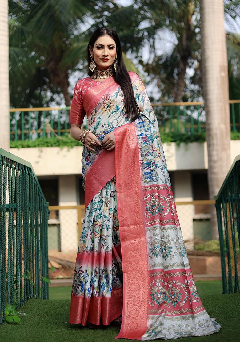 Off White Digital Print Dola Silk Saree Set