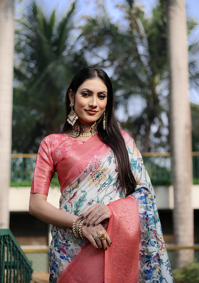 Off White Digital Print Dola Silk Saree Set
