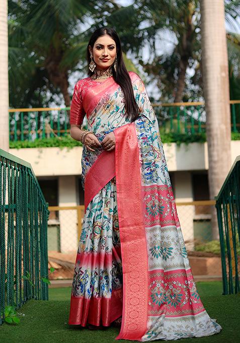 Off White Digital Print Dola Silk Saree Set