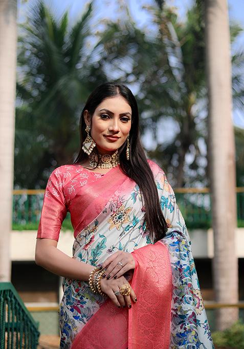 Off White Digital Print Dola Silk Saree Set