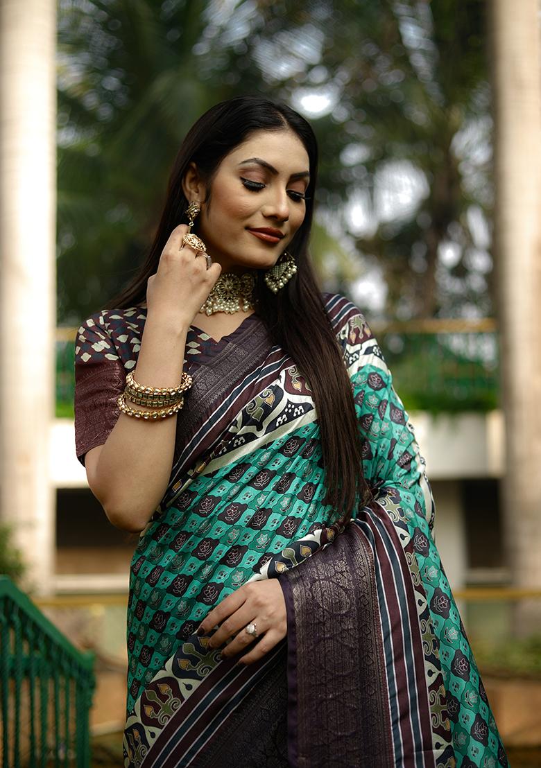 Sea Green Digital Print Dola Silk Saree Set