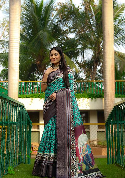 Sea Green Digital Print Dola Silk Saree Set