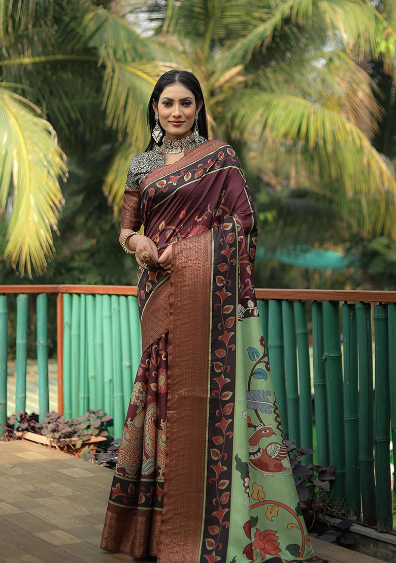 Wine Digital Print Dola Silk Saree Set