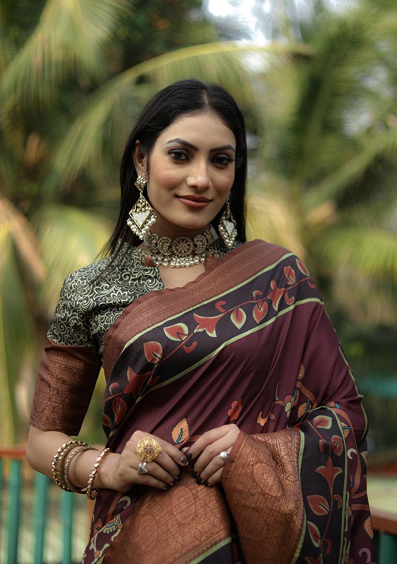 Wine Digital Print Dola Silk Saree Set