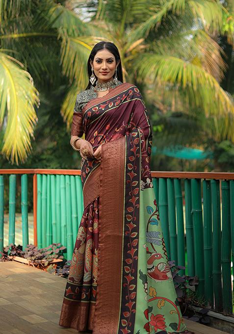 Wine Digital Print Dola Silk Saree Set