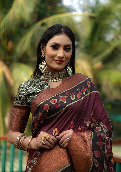 Wine Digital Print Dola Silk Saree Set