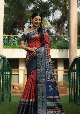 Burgundy Digital Print Dola Silk Saree Set