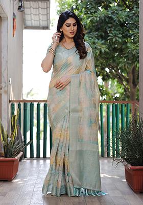 Sea Green Digital Print Soft Silk Saree Set