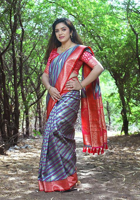 Blue Zari Woven Soft Silk Saree Set